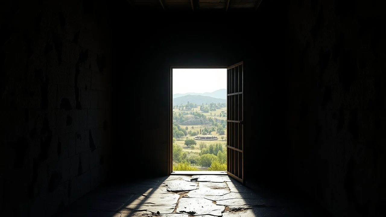 Interior of a dark dismal prison cell, looking out through an open cell door into gardens and distant hills in bright sunshine and freedom. Exquisite composition, beautiful detailed intricate detailed octane render, 8k artistic photography, photorealistic, perfect light, chiaroscuro, award-winning photograph, masterpiece