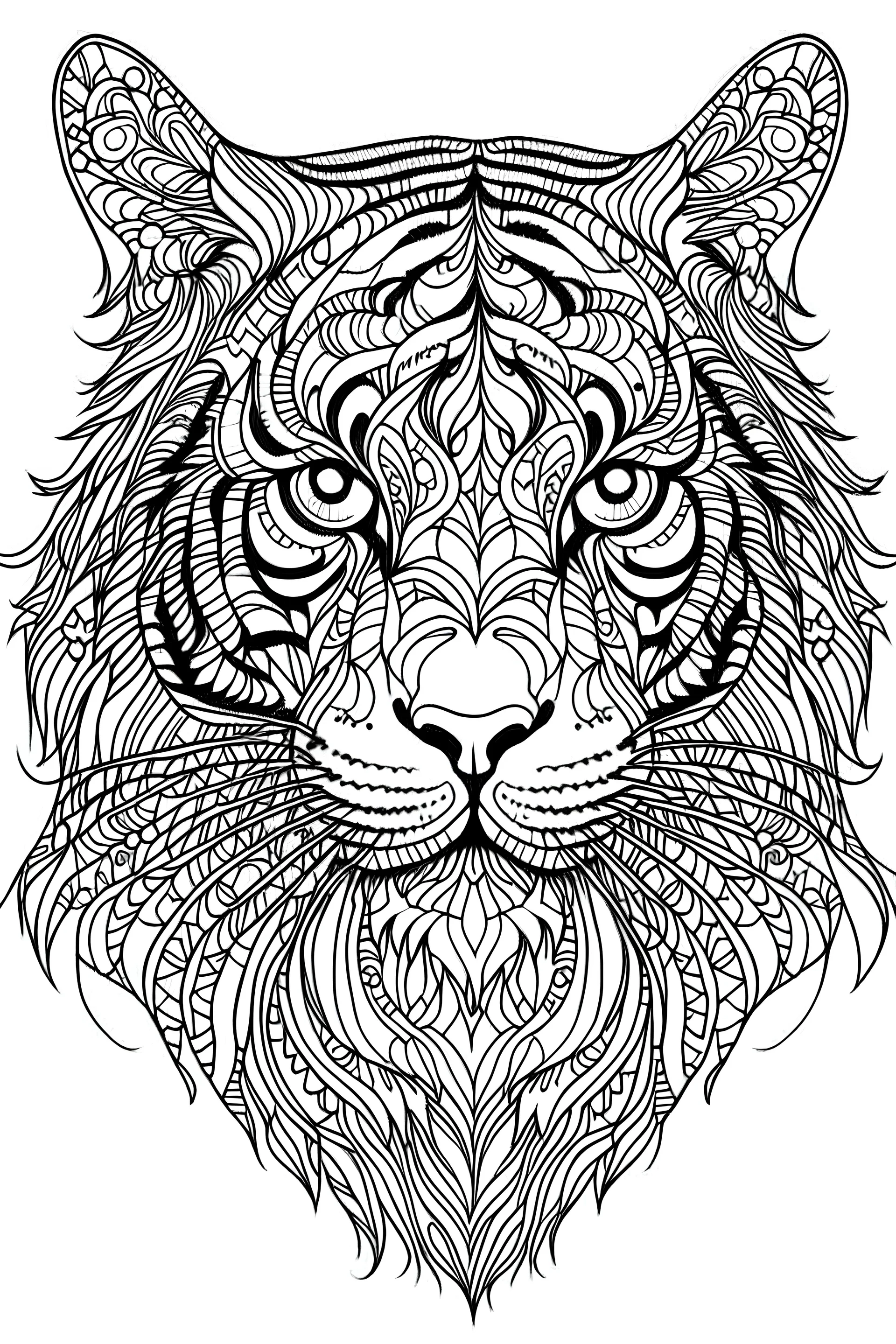 outline art for an Adult coloring page, Sketch style, only use outline< Mandala style Tiger, clean line art, white background, no shadows and clear and well