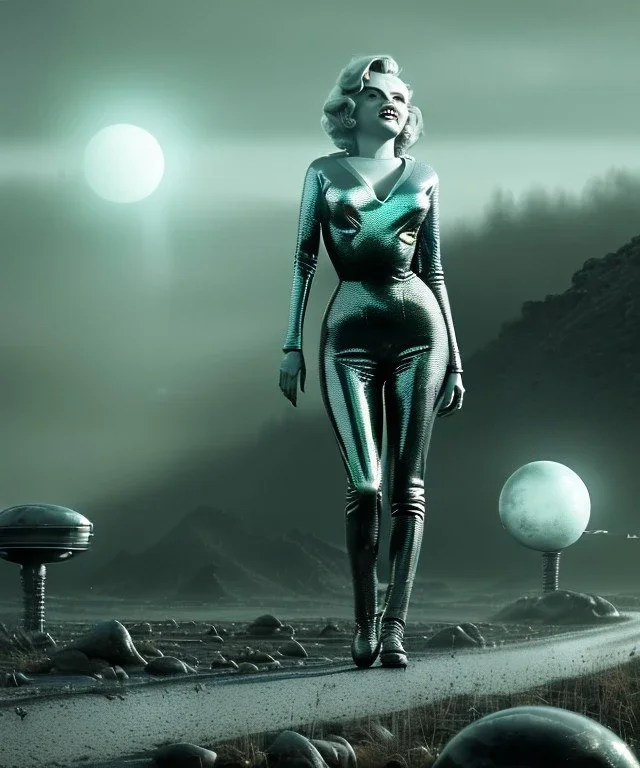 Ultra Realistic retro sci-fi 1960 scene, waist up view portrait, blonde woman, sweet young Marilyn Monroe face, perfect iris, tight latex coat, alien planet background, tight style, steel sphere dron levitating, fog, rain, soft color, highly detailed, unreal engine 5, ray tracing, RTX, lumen lighting, ultra detail, volumetric lighting, 3d, finely drawn, high definition, high resolution.