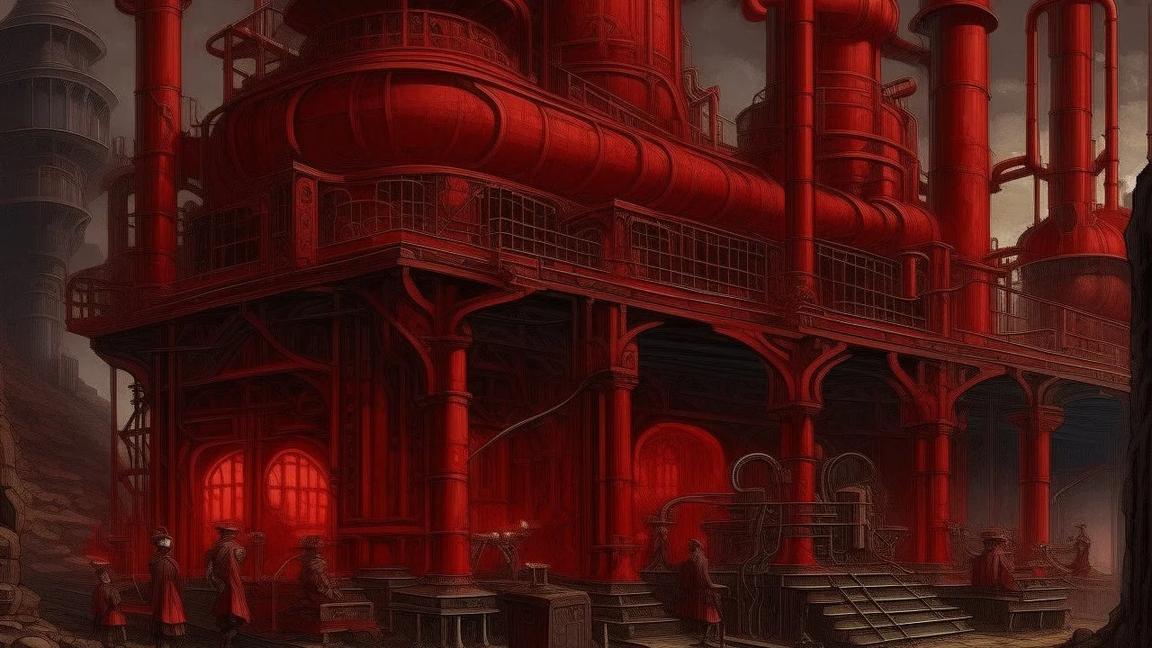 A dark scarlet red frantic factory with furnaces designed in Heidrun manuscripts painted by Francis Danby