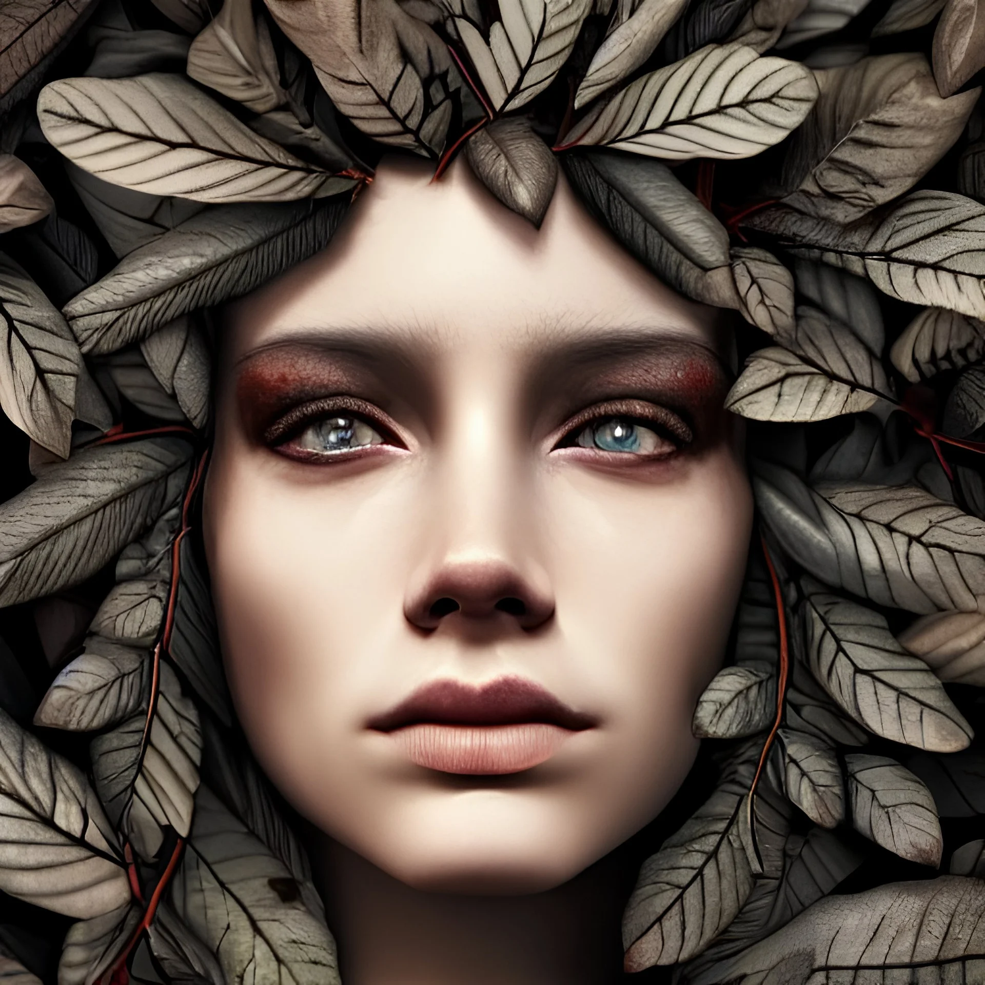 portrait of full face tattoo of branches and leaves that extend past face and become real, 8k resolution, high-quality, fine-detail, intricate, digital art, detailed matte, volumetric lighting, illustration, octane render,