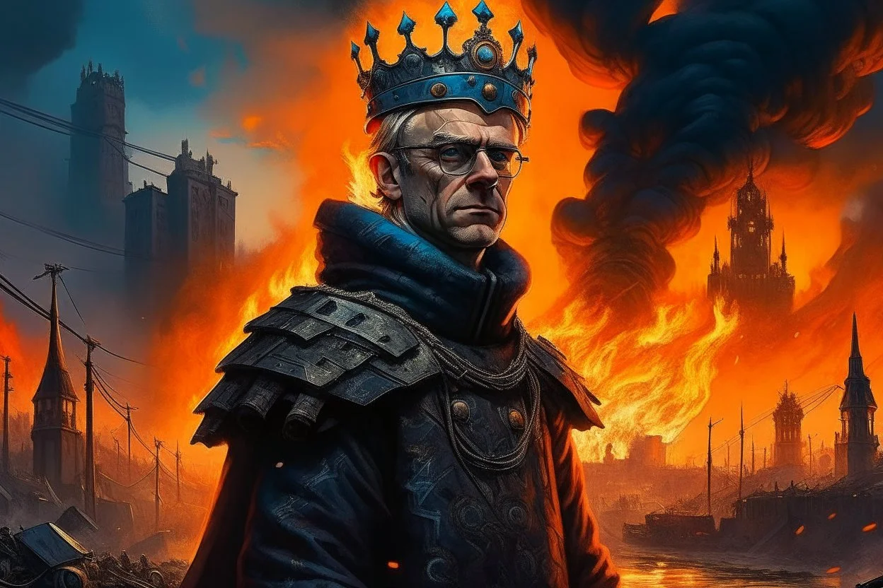 Portrait roi conquerant cyberpunk, belgique en feu arriere plan