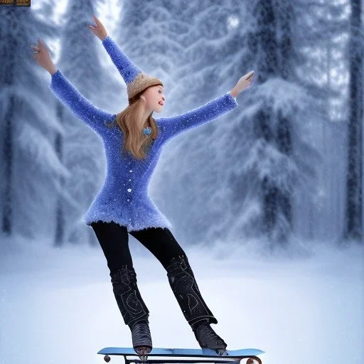 Woman skating on ice, blue, forest, snow, beautiful, mountain, masterpiece, expert, 8K, hyperrealism, sharp focus, cinematic lighting