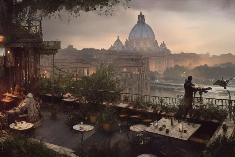 Tevere+river+Bar on garden rooftops +Rome mixed new york +Skyscraper +steampunk+biopunk+alphonse mucha, greg rutkowski,matte painting, cryengine, hyper detailed, felix kelly, fantasy art, seb mckinnon