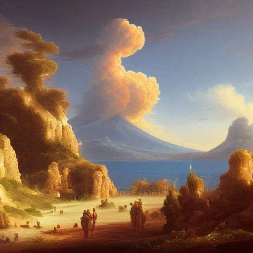 Naples landscape in front of a vulcano Vesuvius.1800 style