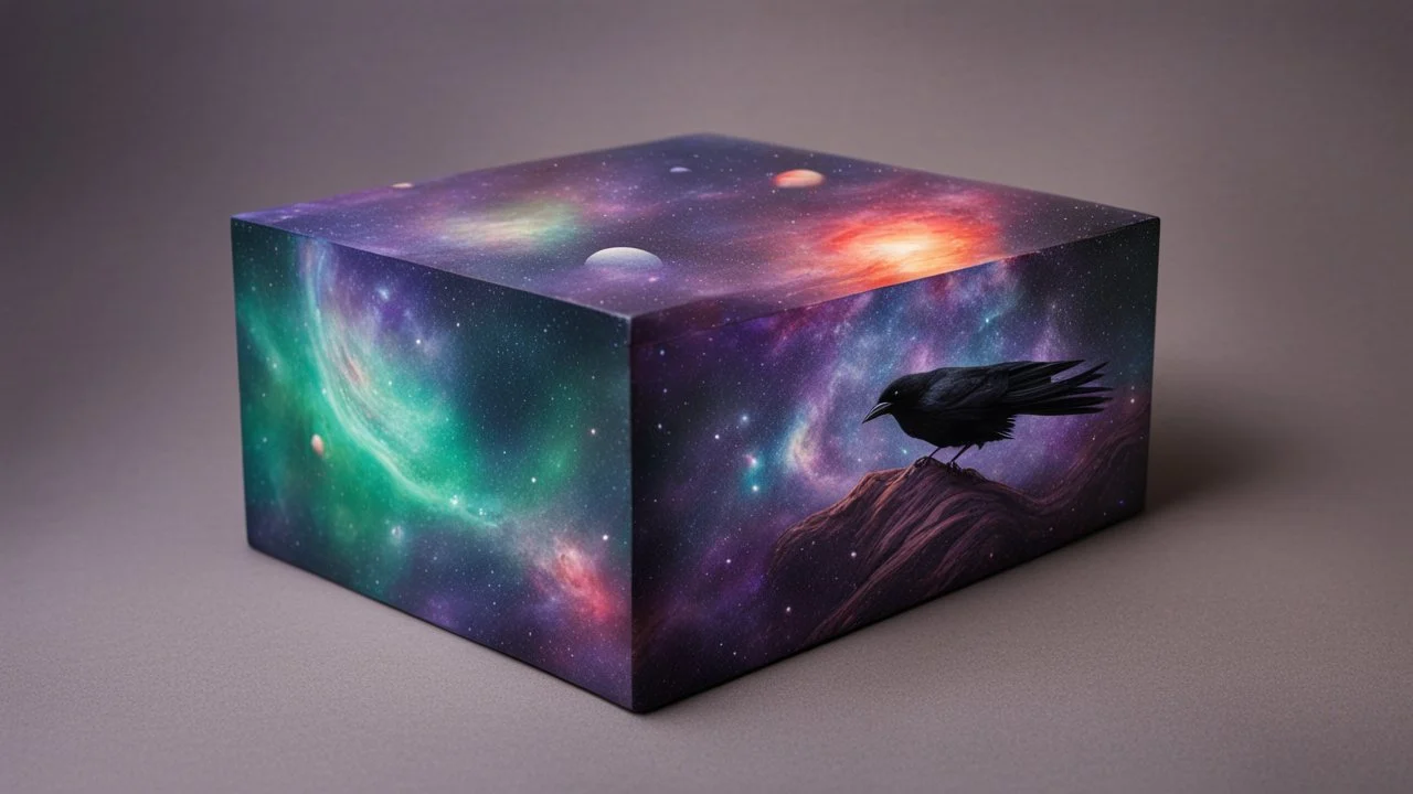 a box 10 cm long by 5 cm wide and 25 cm high, drawn on a box on all sides, space, tress, planets, crow galaxies a lot of colours purple, green and red, very realistic