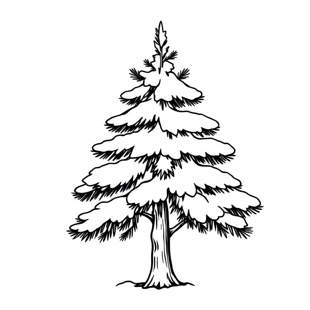 A black and white cute drawing of a pine tree with snow, only outline, white background