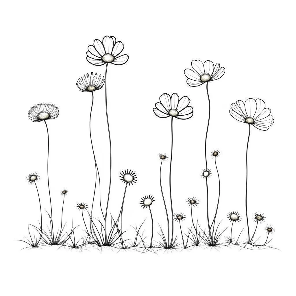 set of growing wind flower on the grace on ground, SIMPLE ONE lineS art, white background, minimalis, different view, only white bakcground solid.natural, aesthetic