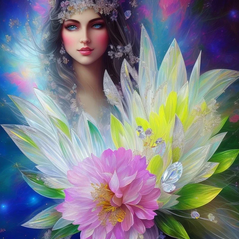 one big crystal subtle flower in a galactic ambiance with a beautiful fairy, transparent petals,