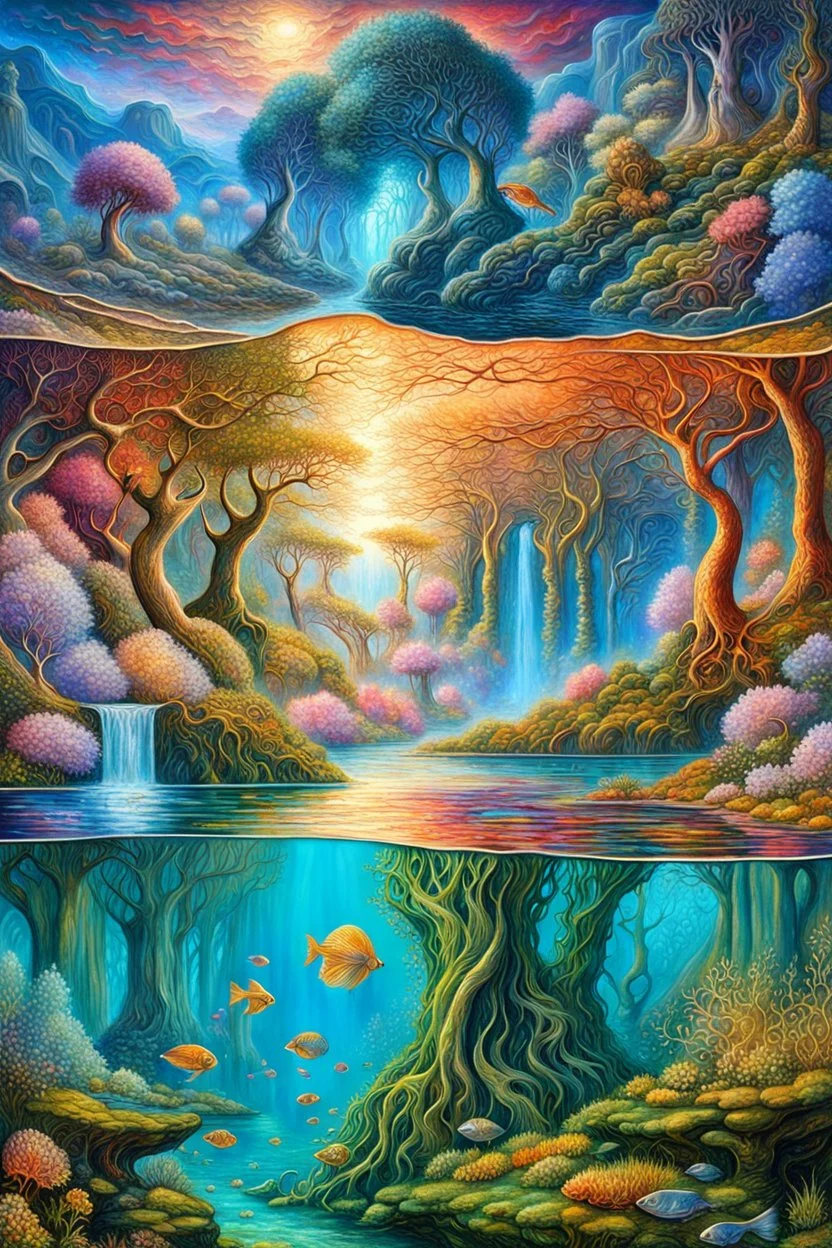 Imaginary landscape trees. . And he sells. Meh. lake.Underwater ornamental fish perfect anatomy, fantasy, vibrant digital art professional award winning masterpiece, oil on canvas Atmospheric extremely detailed Josephine Wall