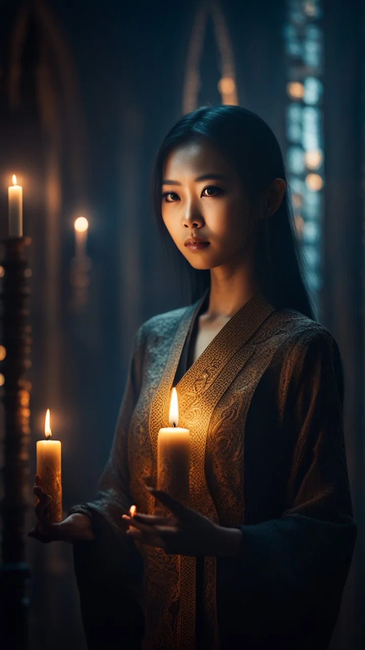 Shi Fi, a beautiful thai woman in the church holding a candle, atmospheric lighting effects, intricate industrial details, moody atmosphere, eerie grimdark ambiance, complex motherboard accents, speculative fiction art. Bokeh