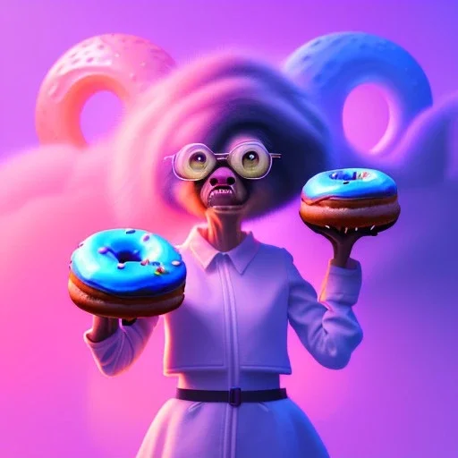 pixar style,website layout with big donuts, muffins and a woman looking angry,volumetric blue clouds,pink sky environment and flying donuts in background, website 404 error,volumetric lighting,dramatic lighting, detailed digital painting, extreme dense and fine fur, anime, ornate, colour-washed colors, elegant, small minutiae, tiny features, particulars, centered, smooth, sharp focus, renderman gofur render, 8k, uhd, detailed eyes, real