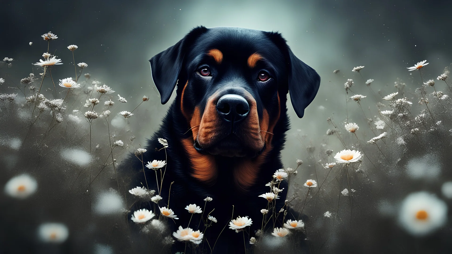 Super Closeup Portrait, action shot, Profoundly dark whiteish meadow, glass flowers, Stains, space grunge style, rottweiler, Sci-fi vibe, dirty, noisy, Vintage monk style, very detailed, hd,