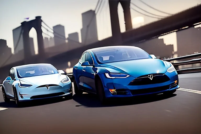 A Tesla 'Model 3' is going at a high speed, on the 'FDR Drive', eastern Manhattan. (CINEMATIC, WIDE ANGLE LENS, PHOTO REAL)