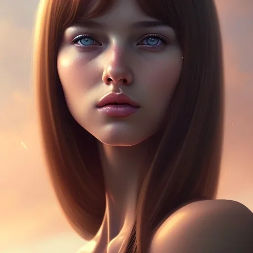 girl, cute, young, teen, brown hair, brown eyes, medium hair, bangs side part, head and shoulders portrait, head and shoulders portrait, 8k resolution concept art portrait by Greg Rutkowski,