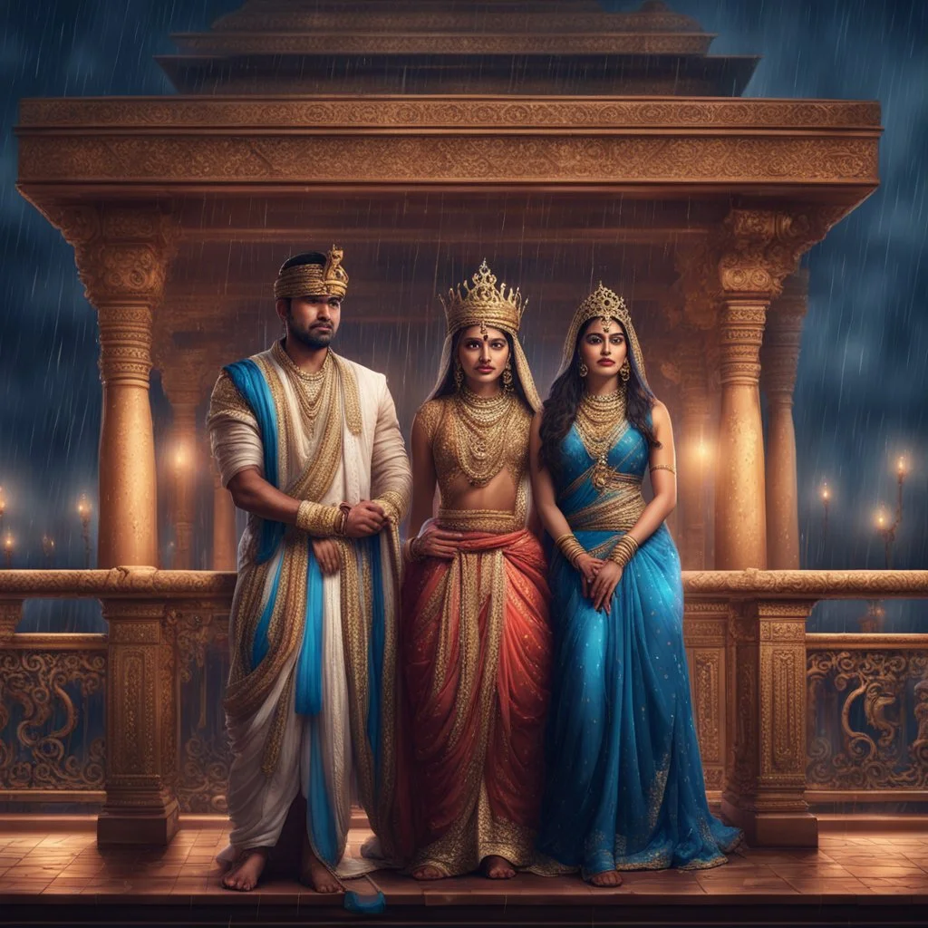 Hyper Realistic beautiful handsome Indian king & Queen on the balcony of an Indian palace at rainy night