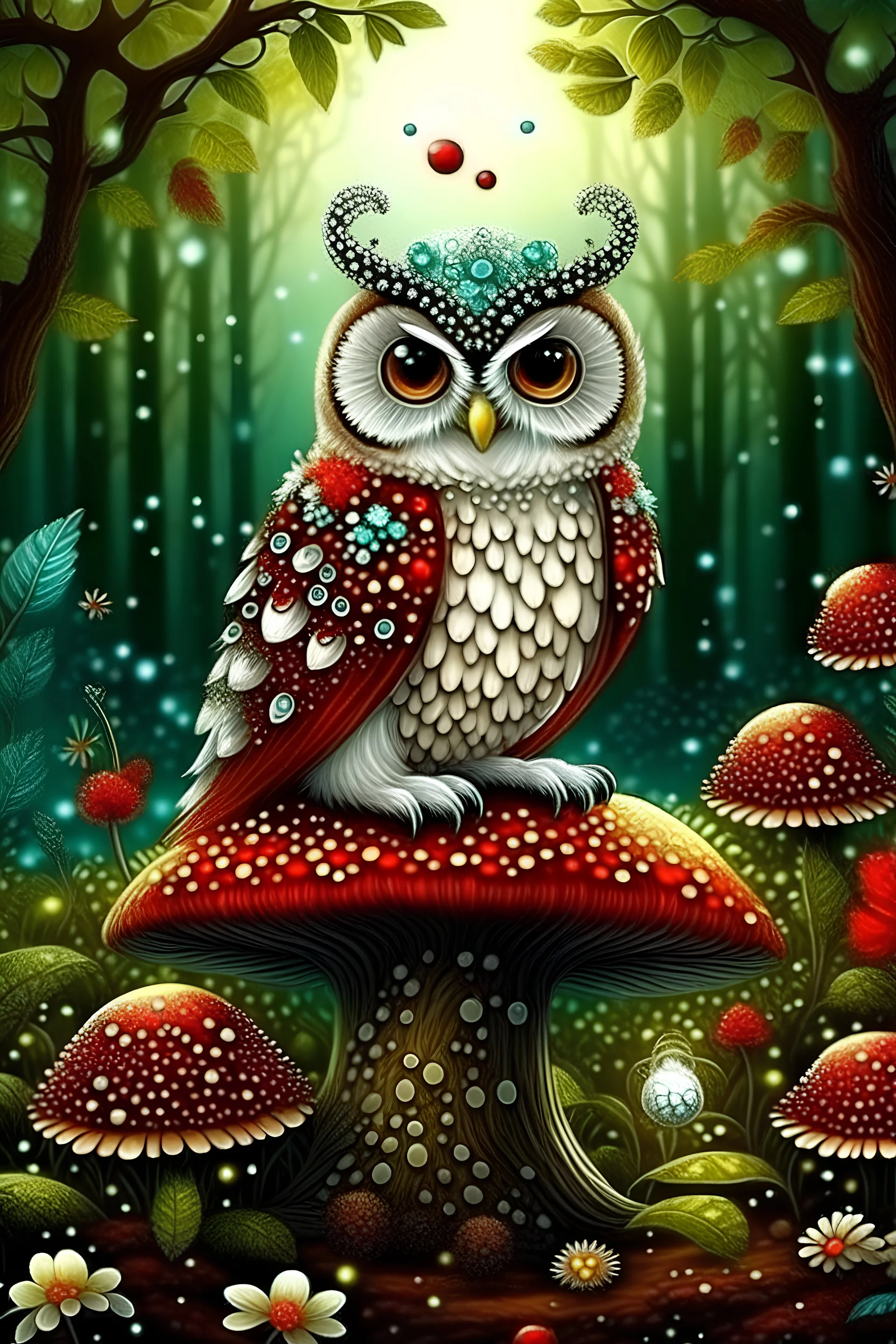 a beautiful funny owl, glittering jewels, sitting on a mushroom with red and white dots, in the forest