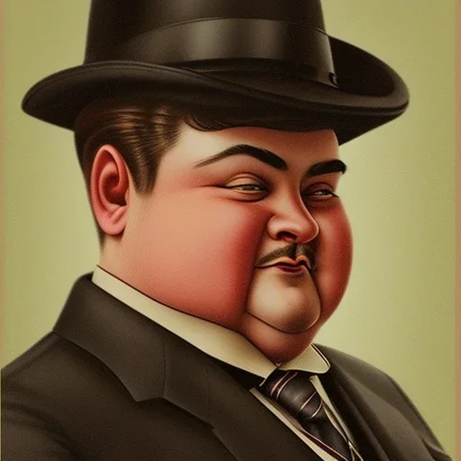 A 1930s Italian-American businessman in his 20s with a bowler hat and a tattered suit. He is obese and has a sad expression on his face. He is facing the screen.