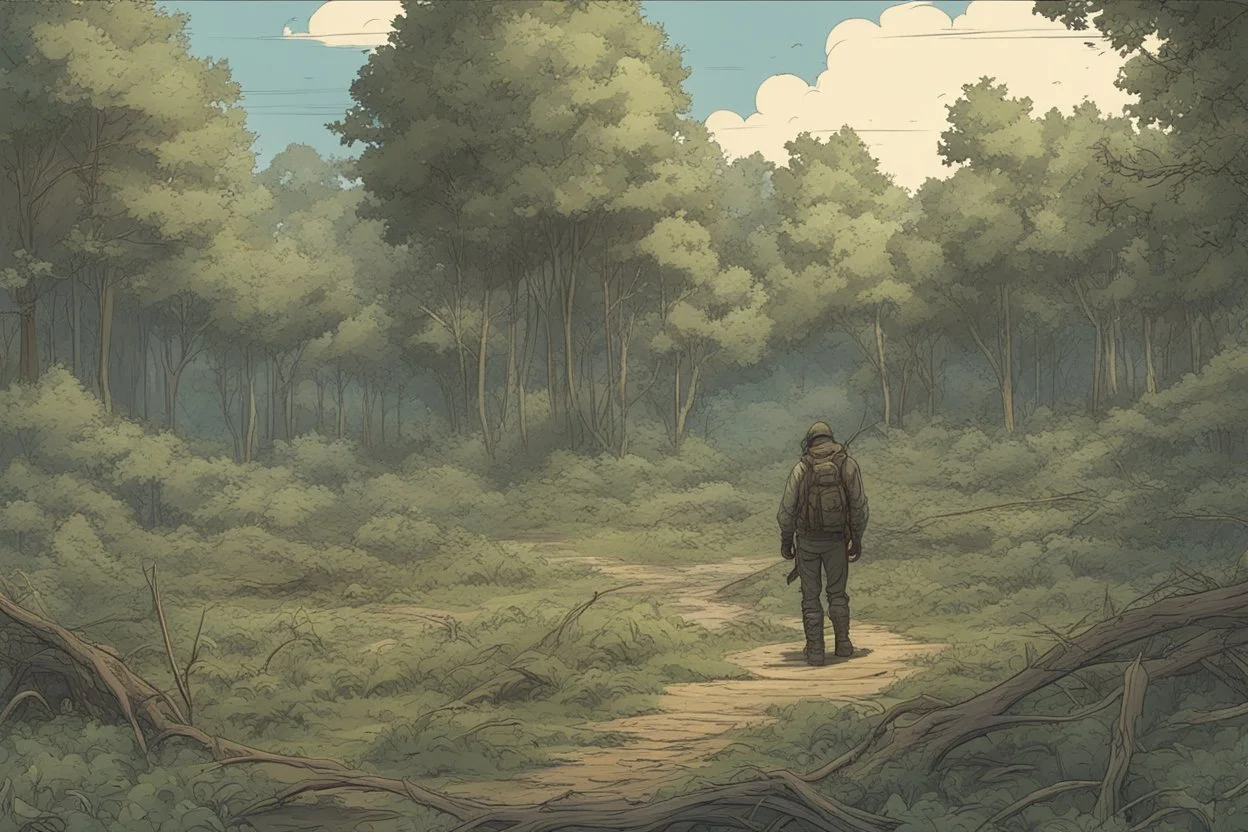 clearing forest,overgrown, post-apocalyptic, comic book, cinematic