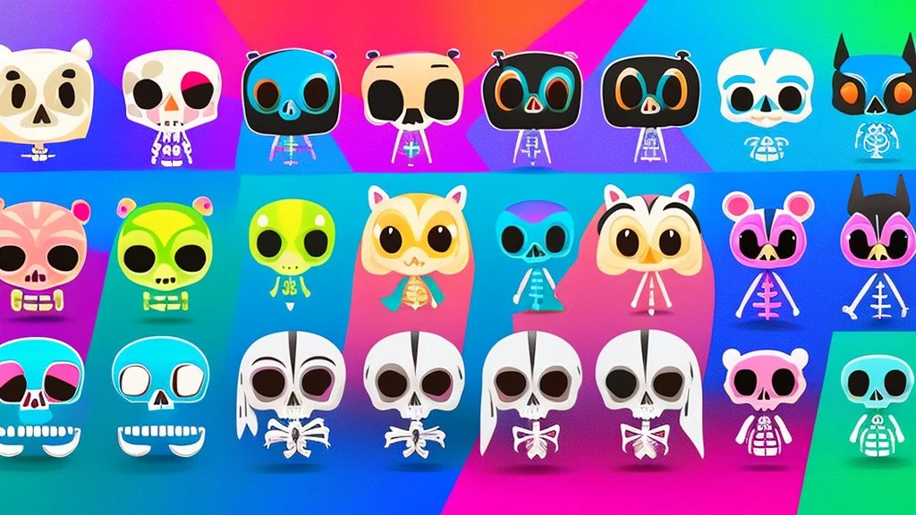 Cute chibi-style bony skeleton, cartoony, colorful, exaggerated, simplified, adorable