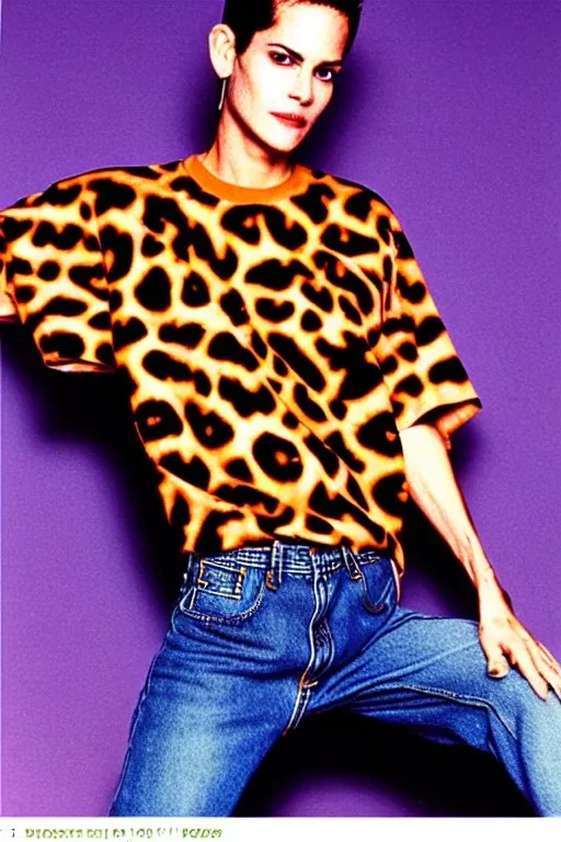 year 1996 denim fashion. Loose fit, low waist, baggy. Combat pants and t-shirt. Colors: denim blue, blue, purple, khaki, light green, lilac, plum, orange, terracotta, red, pink, dark blue, beige. Patterns: cheetah, balls, stripes. Women models. Sharon Stone, Sandra Bullock, Winona Ryder, Milla Jovovich, Big tennis shoes on. Latex in small part, areas, clothes..Combat pants. Leg warmers.