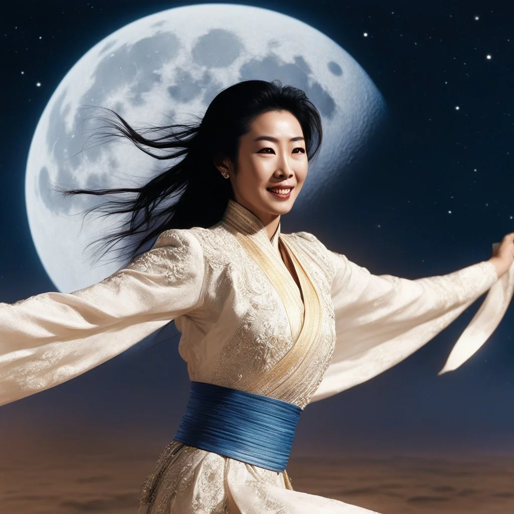 [vintage style noisy scratches glitches, Shot the texture and then rewound the film and double exposed the face] Michelle Yeoh unleashed a Mawashi Geri with unparalleled grace and power. Suspended in the void next to a magnificent planet with a large moon casting its ethereal glow, she moved with the precision of a celestial dancer. Her every movement was a testament to her martial prowess, a mesmerizing display of skill and artistry that defied the laws of gravity.