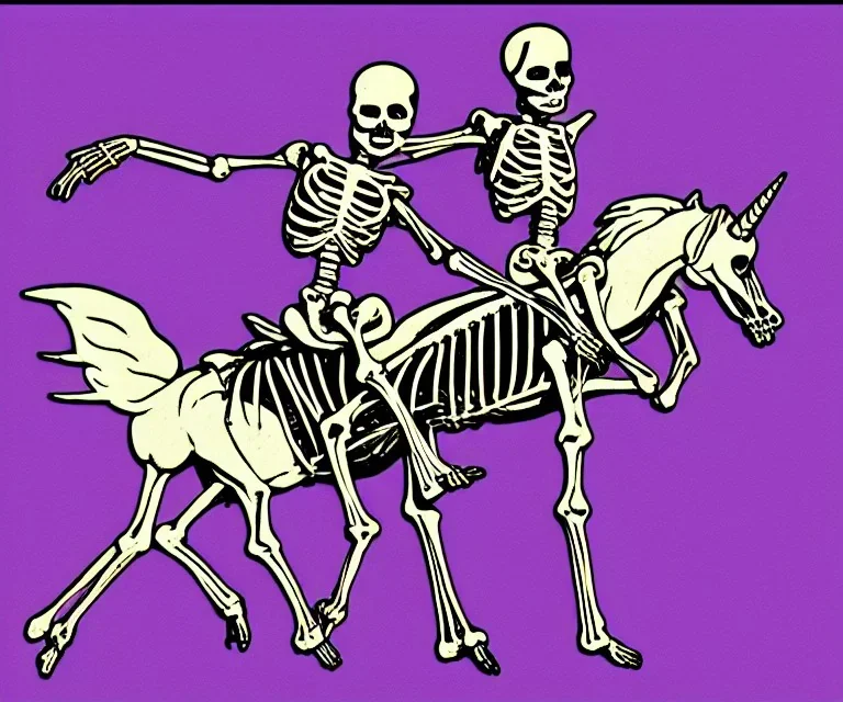 A skeleton riding a unicorn, 1980s style