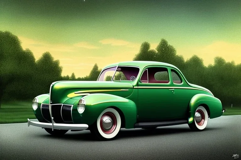 a true-to-life 1940 ford coupe, two-tone paintwork, classic hotrod wheels, pen and color marker, centered, intricate, extreme detailed, photorealism, center view, 1950s suburbs background, pivot on ford, painting by cheryl kelley