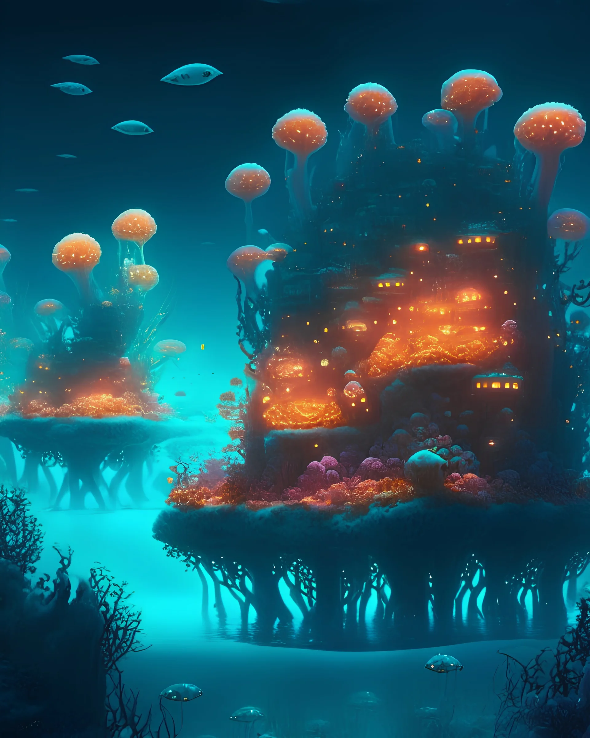 A floating coral village inhabited by amphibious beings with bioluminescent features