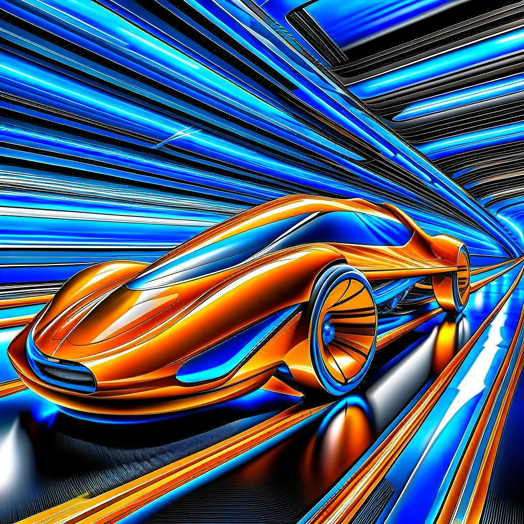 award winning car and driver photograph of a futuristic station wagon designed by only one vehicle per image painted metallic orange traveling at a high rate of speed, jet intake off of front center of vehicle and jet exhaust out the rear with bright blue flame, bilaterally symetrical, more a high speed road vehicle