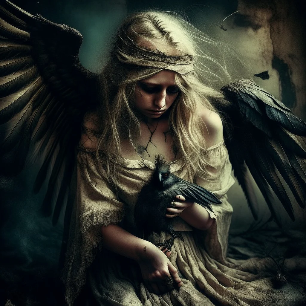 In a lucid dream I meet a fallen angel, blindfolded with old cotton rags, blond wild hair, tired and disconsolate, an old cartoon dress draped over her shoulders, head bent down, damaged skin. She is accompanied by a blind crow on her shoulder. Subtle light, dark grunge background, a grunge overlay. Small depth of field, blurred image. Surrealistic lighting.