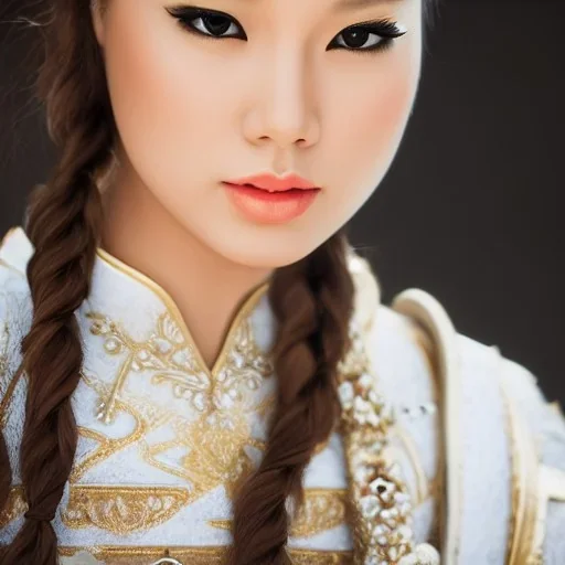 beautiful young asian queen with white armor, delicate white braided hair with ponytail, glass eyes, highly detailed, 8k, ambient light, taylor swift