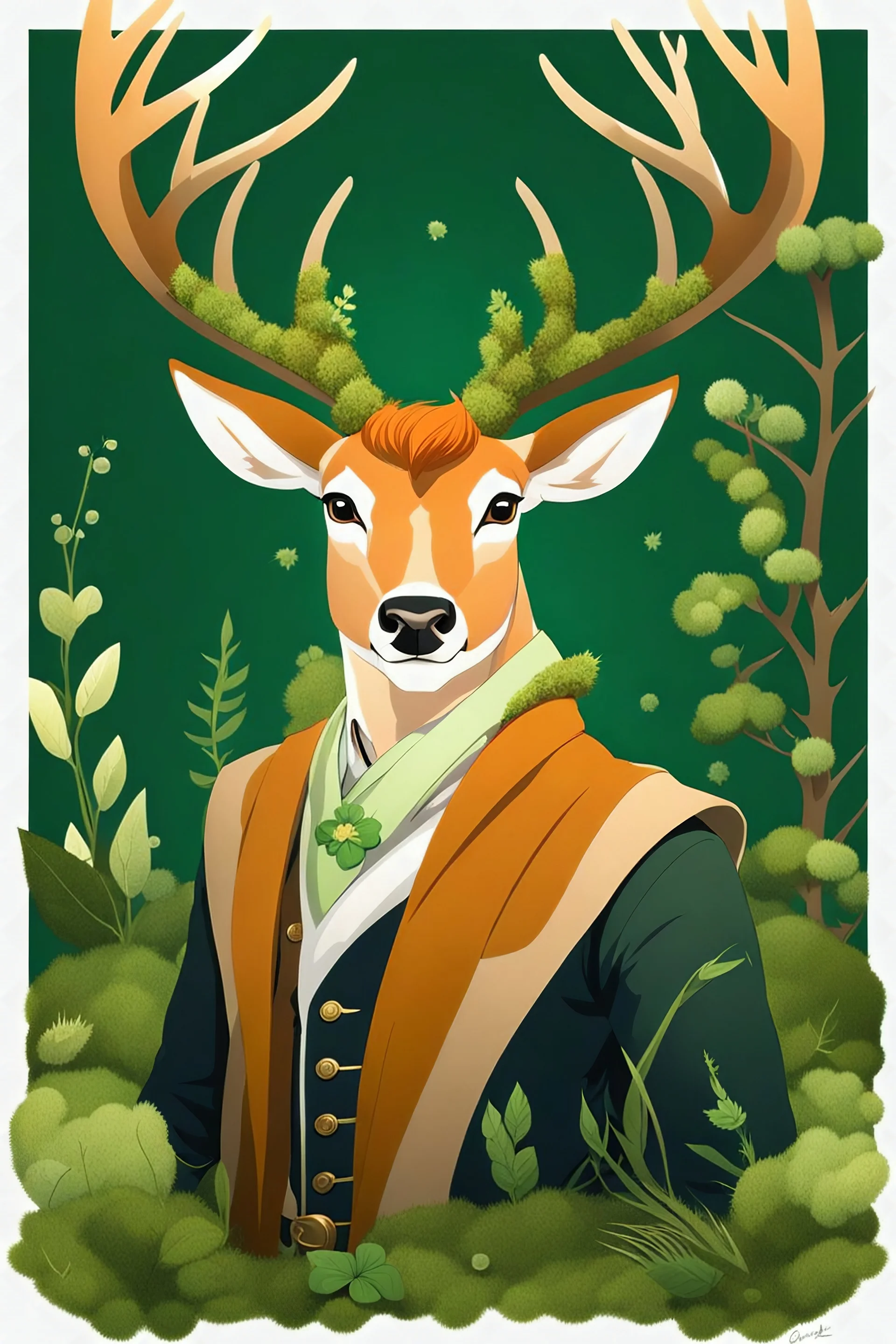Beautiful Irish Man, ginger hair, freckles, anime style, deer ears, deer antlers, moss and fairy tokens on antlers, deer fur on shoulders and arms, fangs, highly detailed, high details, detailed portrait, zoom out, don't cut off top of image