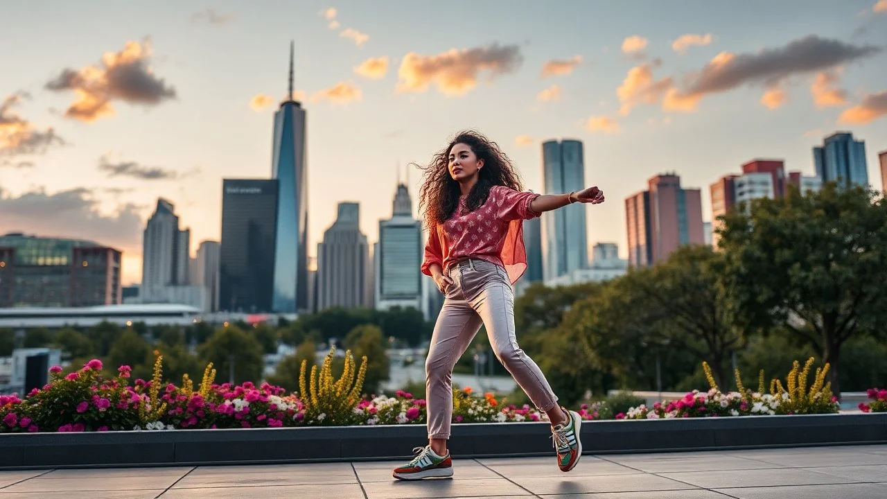 beautiful lady with makeup in pants and pretty shirt curvy long hair sport shoes dancing in a open stage in a modern city cnter,modern city escape at dintant ,flowers and trees ,pretty clouds, golden hour