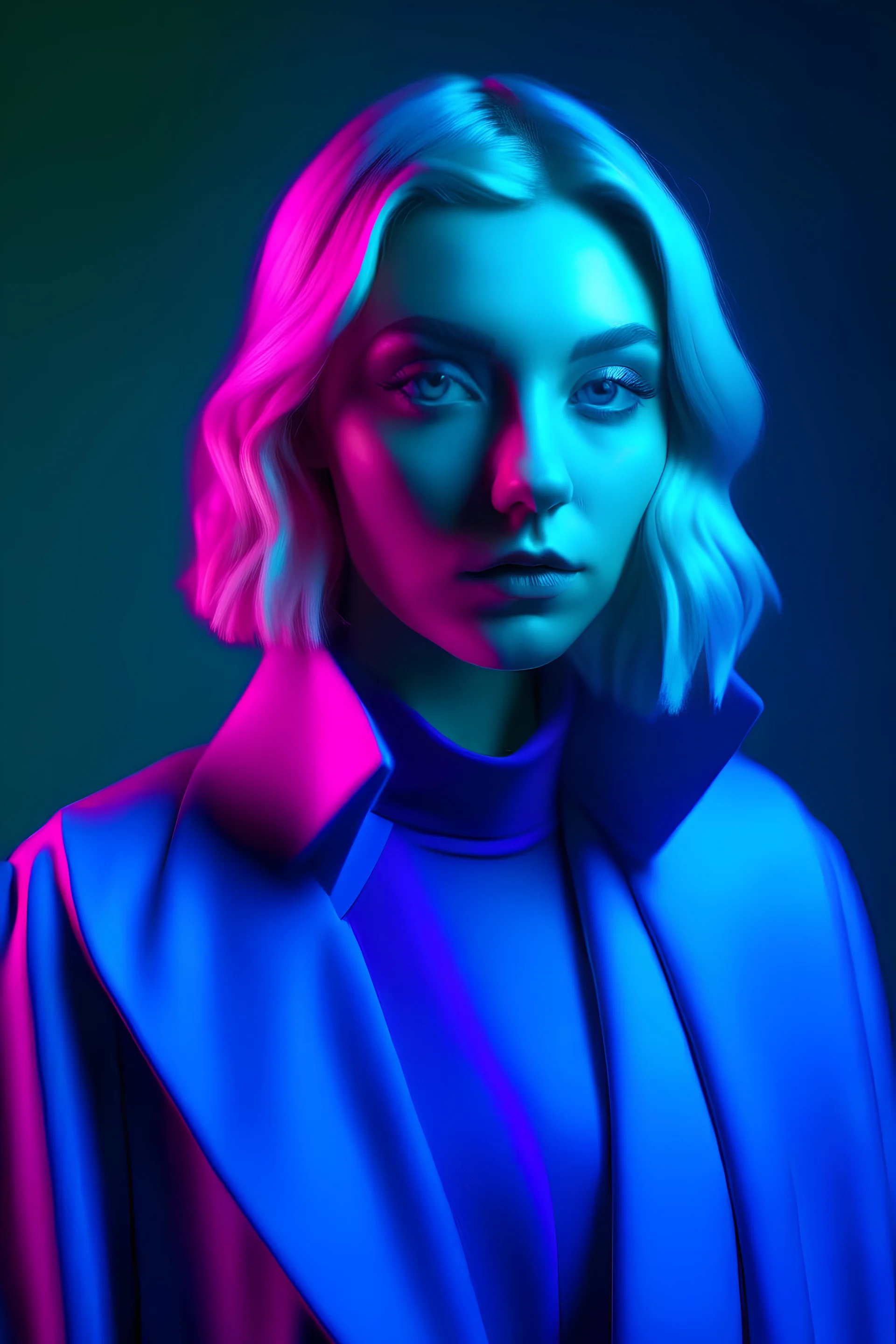 blonde woman, purpurin, minimal latex dress, oversize velvet coat, gradient color, BLUE, PINK, CYAN, neon, insanely detailed, 16k resolution, perfect eyes, cinematic smooth, intricate detai