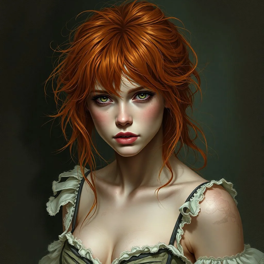 a pretty fantasy woman, young, messy ginger hair, troubled, dark fantasy art