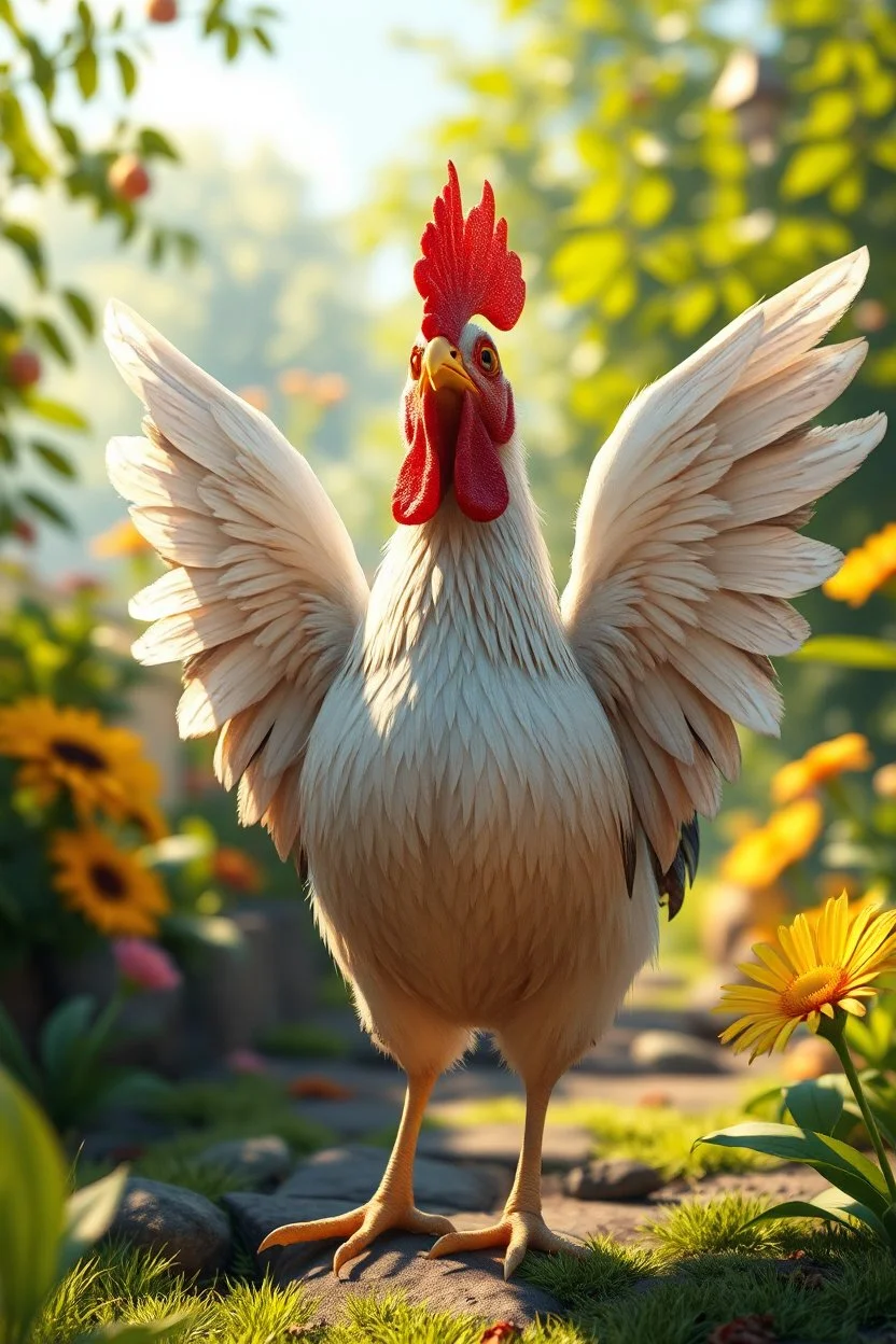 pixar style, volumetric summer garden environment and background, realistic painting of chicken with big wings looking excited, volumetric lighting, dramatic lighting, detailed digital painting, extreme dense and fine fur, anime, ornate, colour-washed colors, elegant, small minutiae, tiny features, particulars, centered, smooth, sharp focus, renderman gofur render, 8k, uhd, detailed eyes, realistic shaded volumetric lighting, sunlight caustics, backlight, centered camera view