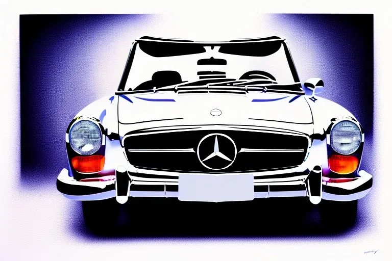 a true-to-life 1963 Mercedes 230SL, centered, intricate, extreme detailed, photorealism, center view, city background, pivot on mercedes, pen and color marker painting by cheryl kelley