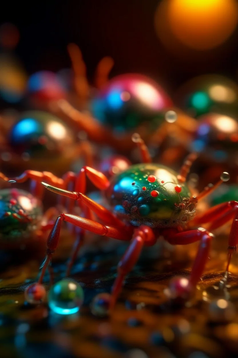 slimy alien lobster bugs, each inside a pile of transparent jelly bubbles of weird colors, disco egg made of small mirror, light rayz, feast table ,shot on Hasselblad h6d-400c, zeiss prime lens, bokeh like f/0.8, tilt-shift lens 8k, high detail, smooth render, down-light, unreal engine, prize winning