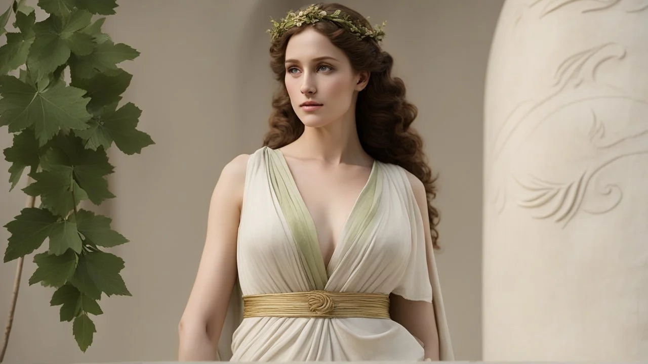 [an alluring 30 years old woman] goddess Aphrodite is a living being in flesh, she walks in linen tunic in the new Pinault Collection Museum, with olive green laurels leafs in her hear, she is lost and sad