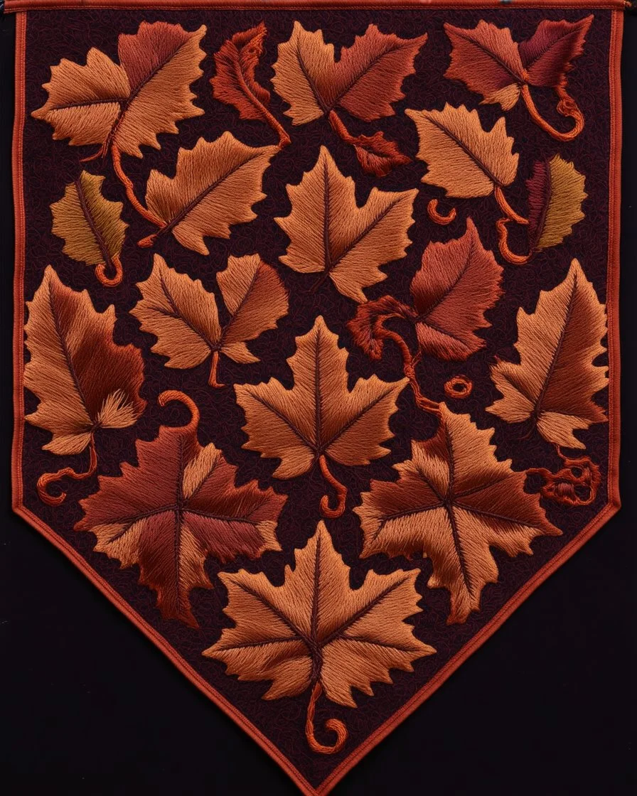 autumn colored cloth banner with embroidered ornamental leaves and filigree, using thick tread