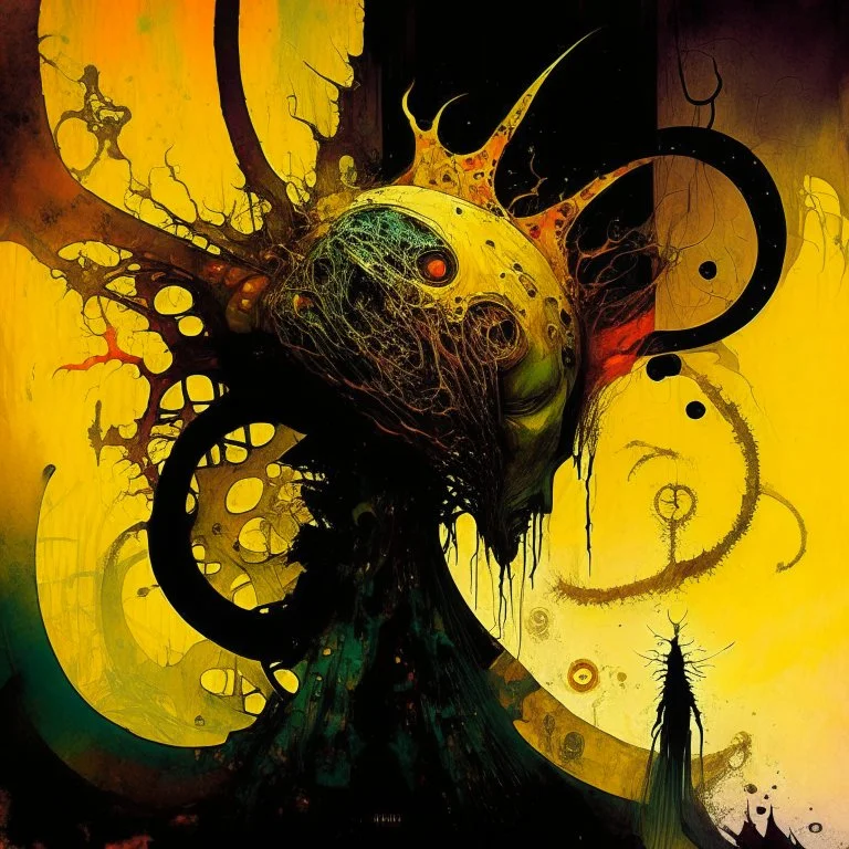 Strychnine Lovecraftian biomechanism, abstract surrealism, by Dave McKean and Santiago Caruso and Petros Afshar, mind-bending illustration; warm colors, off-centered fragmented composition, dark shines war, acid burn colors