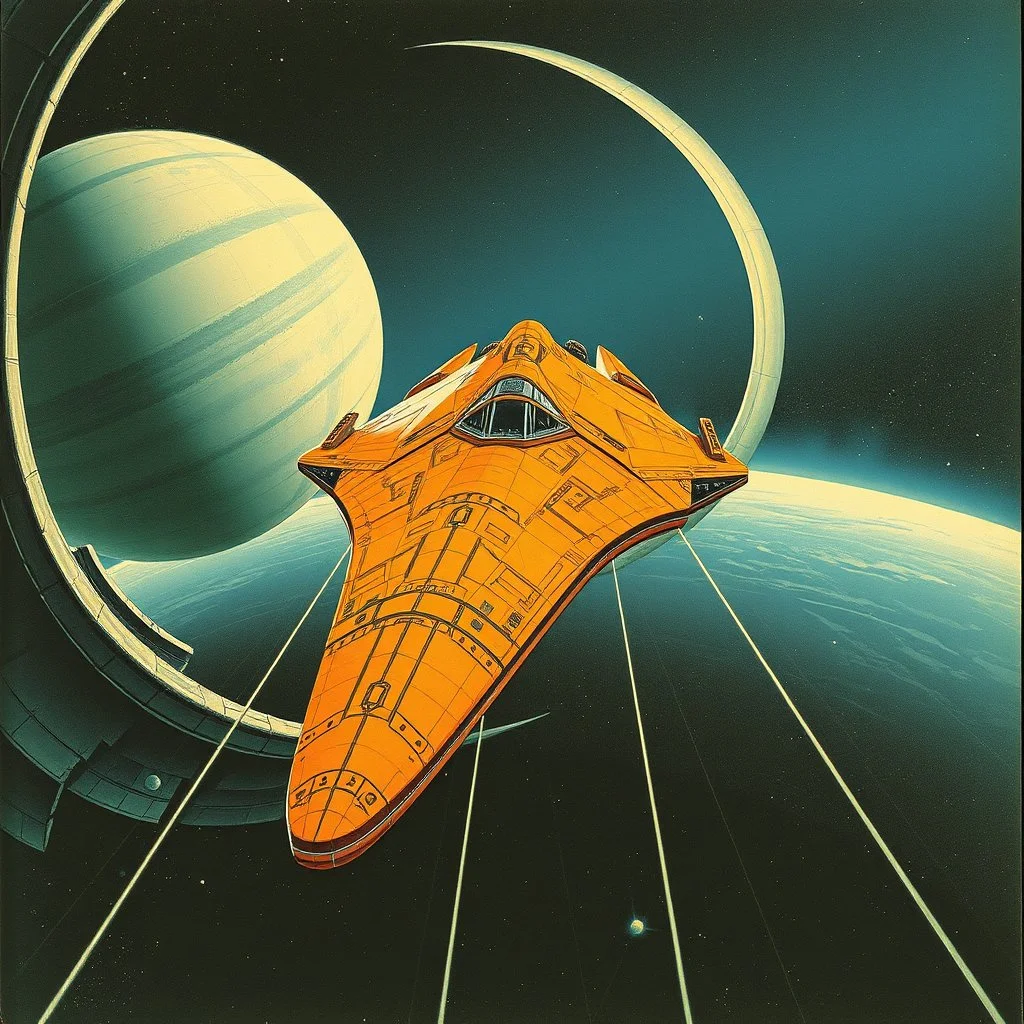 Sci-fi oddly shaped spaceship in space shipping lanes between two crescent shaped planets, by Syd Mead, by Norman Bel Geddes, by Petros Afshar, sci-fi illustration, intricate and detailed textures, unique, space travel fantasy