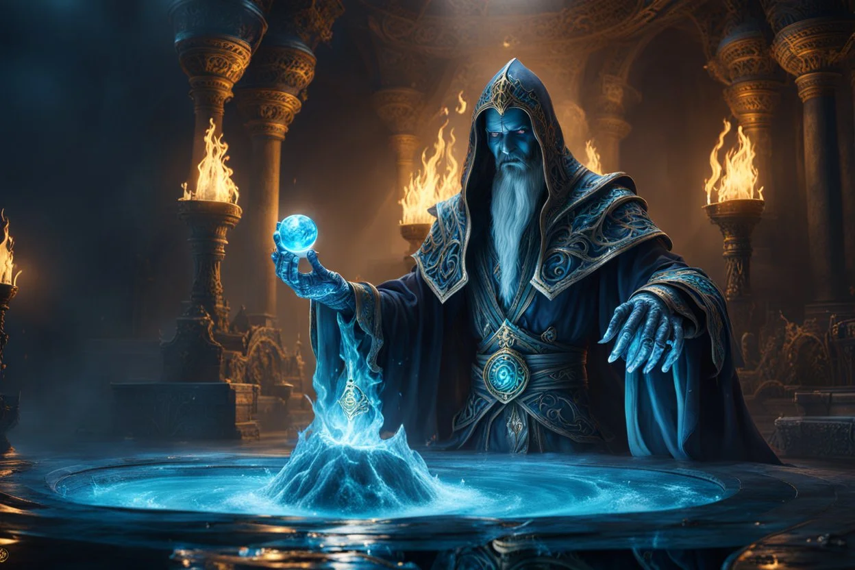 an ancient lich summoning a water elemental. gloves. empty sockets. fantasy concept art, exquisite realism, a masterpiece, dynamic lighting, hyper detailed, intricately detailed, deep color, Unreal Engine, volumetric lighting , Epic cinematic brilliant stunning intricate meticulously detailed dramatic atmospheric maximal,