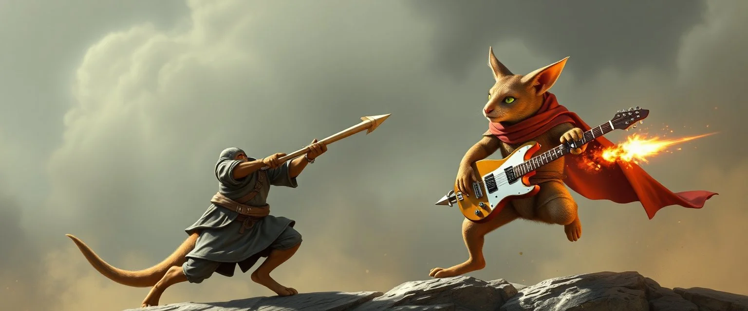 master shaolin cat kangaroo gremlin yoga knight jousting with a bubbly rocket guitar