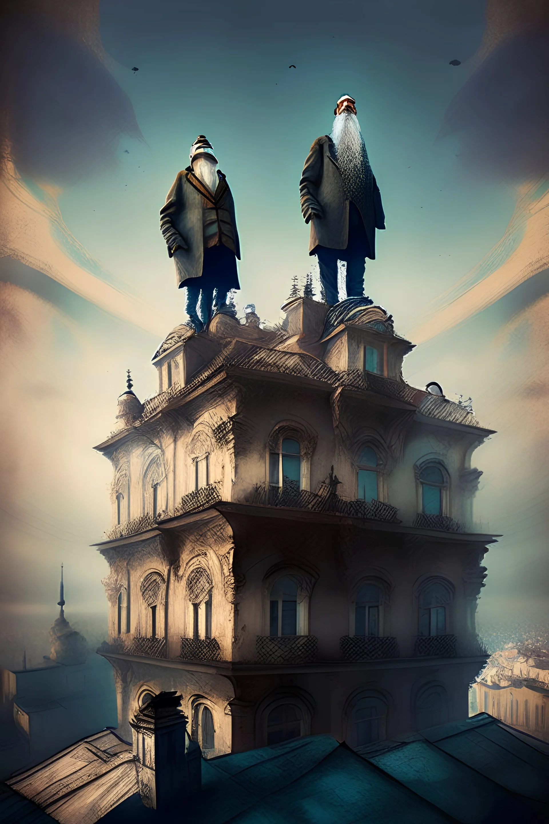 Wide angle with two oldmen wit long beards standing on the top of a building, mysterious atmosphere, old Bucharest, digital art