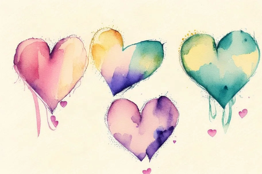 Five Abstract watercolour hearts with sketchy pencil outlines