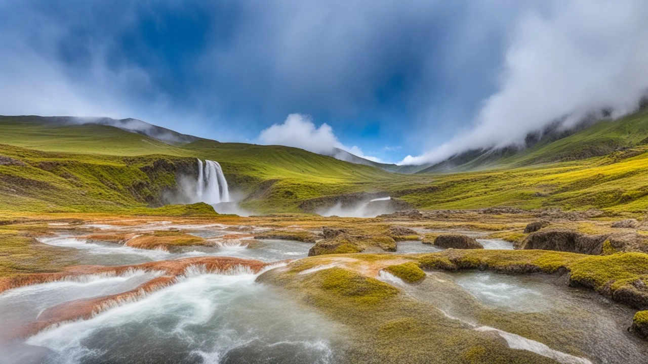 Valley of geysers, geyser field on Kamchatka Peninsula, Russia, geysers and many hot springs, beautiful composition, award-winning photograph, astonishing realism, 28mm lens, adjust perspective