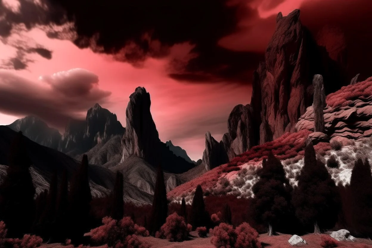 mountains, a gloomy rocky landscape, cypresses stretching up in the foreground, rocks and a bloody sky in the background