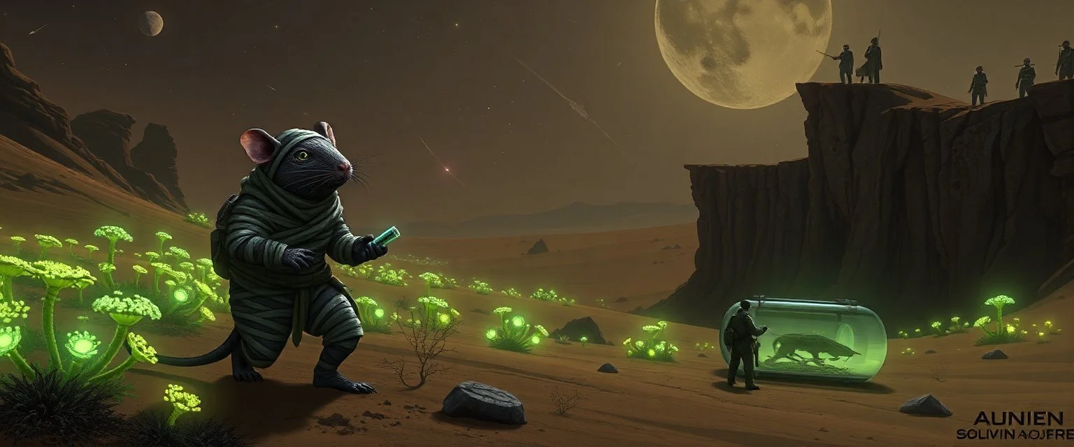 8️⃣ "Alien desert with bioluminescent flora. Giant mummy rat carries a tiny vial, tense but curious, bandages slightly torn. Crew collects samples. Stasis rat pod faintly visible in a research container. Watchers observe from cliffs. Strong chiaroscuro, realistic textures, adventurous and cautious mood."